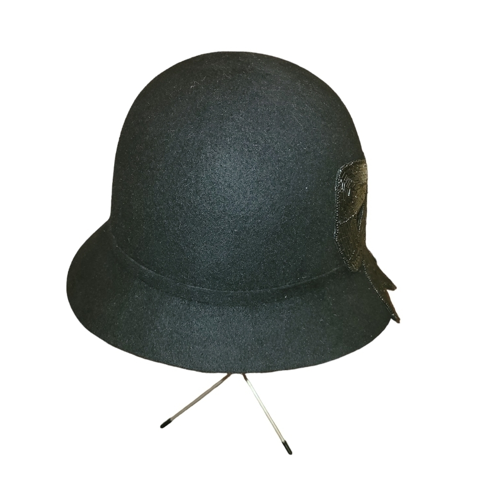 Vintage Amen Wardy Hat Black Wool With Sequin Bow on back of hat